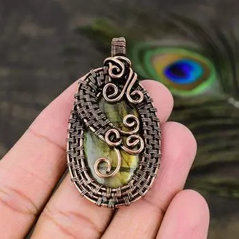 Natural Labradorite Gemstone Handmade Copper Wire Wrap Gift Pendant 2.36 v4d23