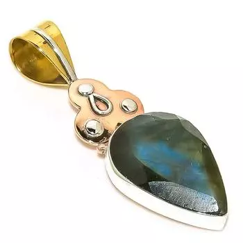Natural Labradorite Gemstone Two Tone 925 Solid Sterling Silver Pendant 2 t9t72