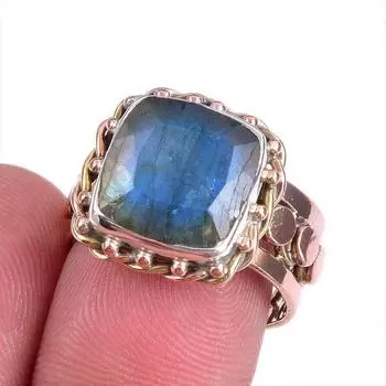 Natural Labradorite Gemstone Two Tone 925 Sterling Silver Jewelry Ring S.7 j9E81