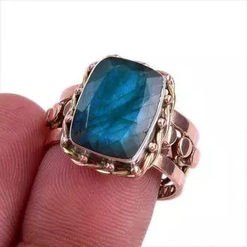 Natural Labradorite Gemstone Two Tone 925 Sterling Silver Jewelry Ring S.8 p0a93