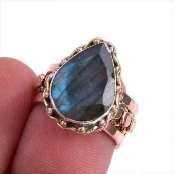 Natural Labradorite Gemstone Two Tone 925 Sterling Silver Gift Ring S.5.5 q0M54