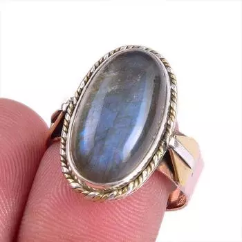 Natural Labradorite Gemstone Two Tone 925 Sterling Silver Jewelry Ring S.8 G3p57