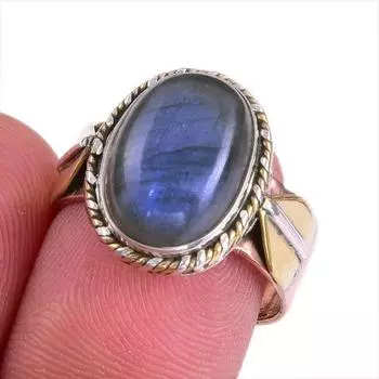 Natural Labradorite Gemstone Two Tone 925 Sterling Silver Gift Ring S.7.5 i9K92
