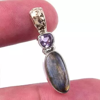 Natural Labradorite, Pink Amethyst 925 Solid Sterling Silver Pendant 1.25 Z8A27