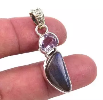 Natural Labradorite,Pink Amethyst 925 Solid Sterling Silver Pendant 1.50 J9O51
