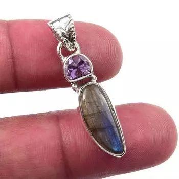 Natural Labradorite, Pink Amethyst 925 Solid Sterling Silver Pendant 1.25 A6u88