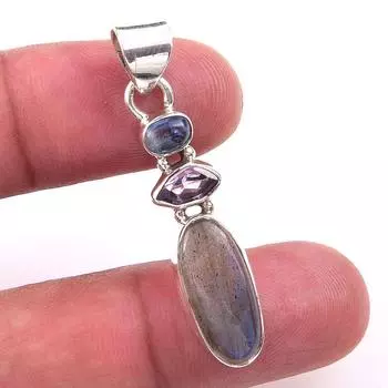 Natural Labradorite,Pink Amethyst 925 Solid Sterling Silver Pendant 1.75 i4G38