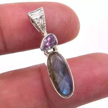 Natural Labradorite,Pink Amethyst 925 Solid Sterling Silver Pendant 1.25 v9P80