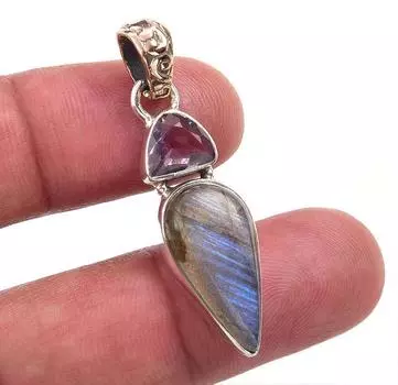 Natural Labradorite,Pink Amethyst 925 Solid Sterling Silver Pendant 1.50 c3M95