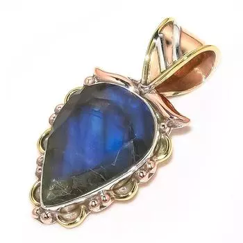 Natural Labradorite TwoTone 925 Solid Sterling Silver Jewelry Pendant 1.25 W4d13