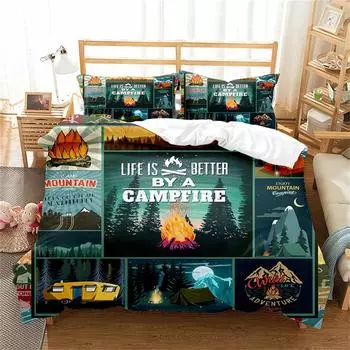Natural Landscape King Queen Duvet Cover Campfire Camping Bedding Set Teen Adults Night Sky Forest Scenery Polyester Quilt Cover 70x133cm 2pcs