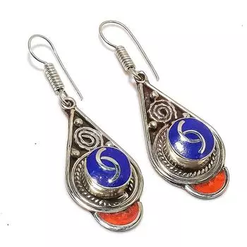 Natural Lapis Lazuli, Coral Gemstone Handmade Jewelry Earring 2.32 v6R56