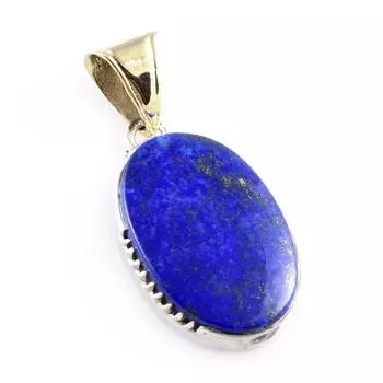 Natural Lapis Lazuli Gemstone 925 Sterling Silver Two Tone Pendant 1.6 g5U11