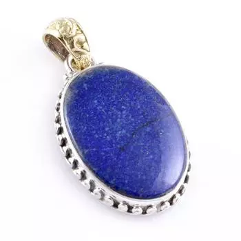 Natural Lapis Lazuli Gemstone 925 Sterling Silver Two Tone Pendant 1.5 J6f25