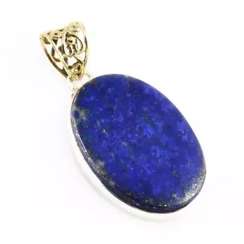 Natural Lapis Lazuli Gemstone 925 Sterling Silver Two Tone Pendant 1.7 T1T97
