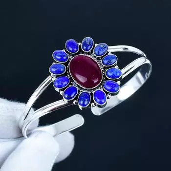 Natural Lapis Lazuli Gemstone Handmade Cuff Bangle 925 Sterling Silver Cuff Bangle, Red Ruby Flower Shape Bracelet For Wife, Unisex Bangle, Love Gift 7 синий