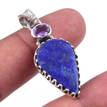 Natural Lapis Lazuli, Pink Amethyst 925 Solid Sterling Silver Pendant 1.75 g7z36