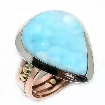 Natural Larimar Gemstone 925 Solid Sterling Silver TwoTone Gift Ring S.8 Y7P16