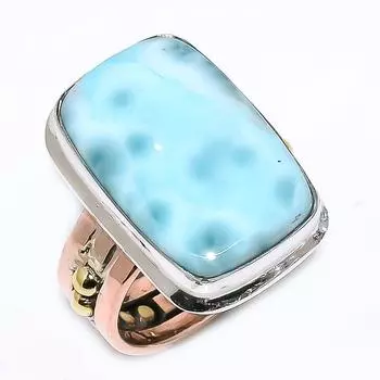 Natural Larimar Gemstone 925 Solid Sterling Silver TwoTone Gift Ring S.6 r9M39