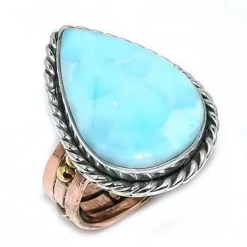 Natural Larimar Gemstone 925 Solid Sterling Silver TwoTone Gift Ring S.8 m8V60