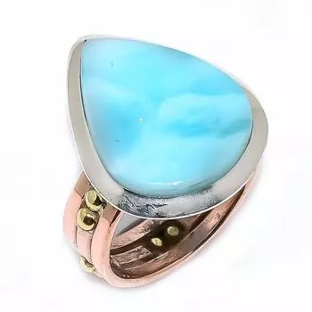 Natural Larimar Gemstone 925 Solid Sterling Silver TwoTone Gift Ring S.9 R6N54