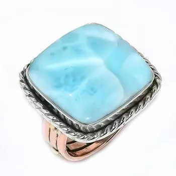 Natural Larimar Gemstone 925 Solid Sterling Silver TwoTone Gift Ring S.8 v3b83