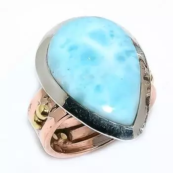 Natural Larimar Gemstone 925 Solid Sterling Silver TwoTone Gift Ring S.6 M3e05