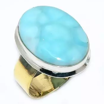 Natural Larimar Gemstone 925 Solid Sterling Silver TwoTone Gift Ring S.8 P5d29