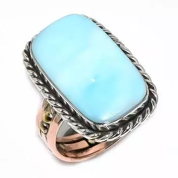 Natural Larimar Gemstone 925 Solid Sterling Silver Gift Two Tone Ring S.10 s9W50