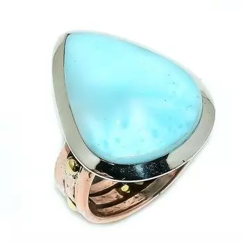 Natural Larimar Gemstone 925 Solid Sterling Silver TwoTone Gift Ring S.8 y3Q52