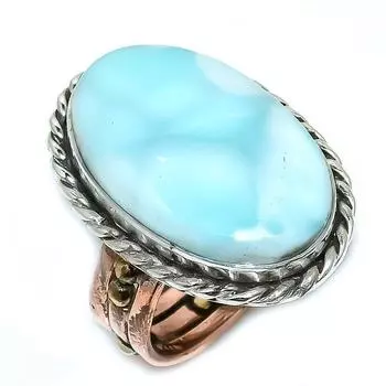 Natural Larimar Gemstone 925 Solid Sterling Silver TwoTone Gift Ring S.9 q6G36