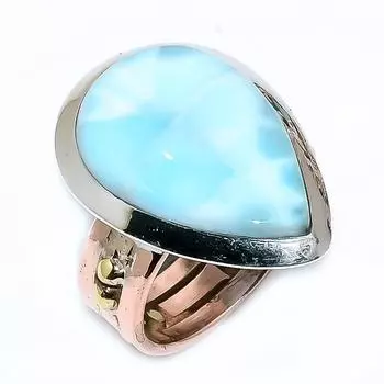 Natural Larimar Gemstone 925 Solid Sterling Silver TwoTone Gift Ring S.6 Q8F69