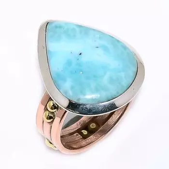 Natural Larimar Gemstone 925 Solid Sterling Silver TwoTone Gift Ring S.9 v3Q67