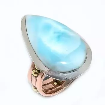 Natural Larimar Gemstone 925 Solid Sterling Silver TwoTone Gift Ring S.7 N1d86