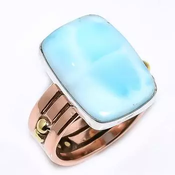 Natural Larimar Gemstone 925 Sterling Silver Jewelry Two Tone Ring Size 6.5 e6J25