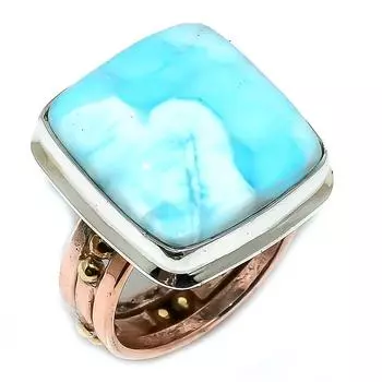 Natural Larimar Gemstone 925 Sterling Silver Jewelry Two Tone Ring Size 9.5 q5t09