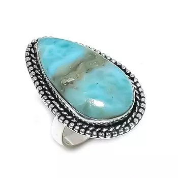 Natural Larimar Gemstone Handmade 925 Sterling Silver Jewelry Ring Size 9 S0s78
