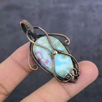 Natural Larimar Gemstone Handmade Copper Wire Wrap Jewelry Pendant 2.36 w1u31