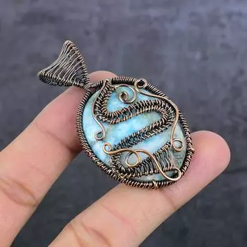 Natural Larimar Gemstone Handmade Copper Wire Wrap Jewelry Pendant 2.36 j8A88