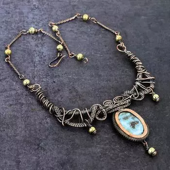 Natural Larimar Gemstone Handmade Copper Wire Wrap Jewelry Necklace 18 P1V09