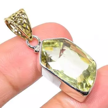 Natural Lemon Quartz Gemstone 925 Sterling Silver Two Tone Pendant 1.58 h1z90