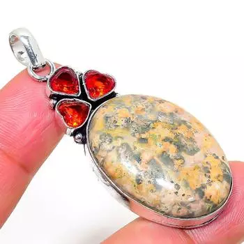Natural Leopard Skin, Garnet Gemstone 925 Sterling Silver Pendant 2.25 M3t13