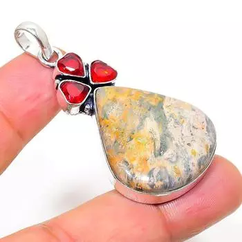 Natural Leopard Skin, Garnet Gemstone 925 Sterling Silver Pendant 2.13 j1i44