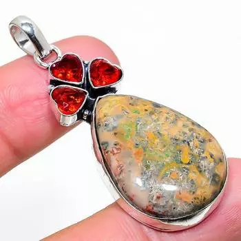 Natural Leopard Skin, Garnet Gemstone 925 Sterling Silver Pendant 2.17 q3J01