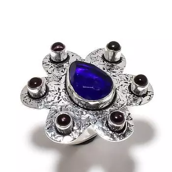 Natural London Blue Topaz,Amethyst Gemstone 925 Sterling Silver Ring Size 8 Y2K34