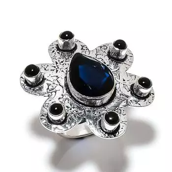 Natural London Blue Topaz, Onyx Gemstone 925 Sterling Silver Ring Size 6 w2E52