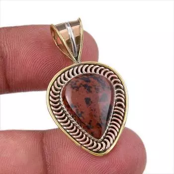Natural Mahogany Obsidian 925 Sterling Silver Jewelry TwoTone Pendant 1.50 Z9J90