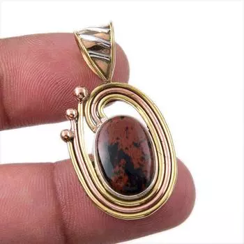 Natural Mahogany Obsidian 925 Sterling Silver Jewelry TwoTone Pendant 1.50 h8c82