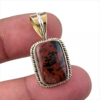 Natural Mahogany Obsidian 925 Sterling Silver Jewelry TwoTone Pendant 1.25 b8n73