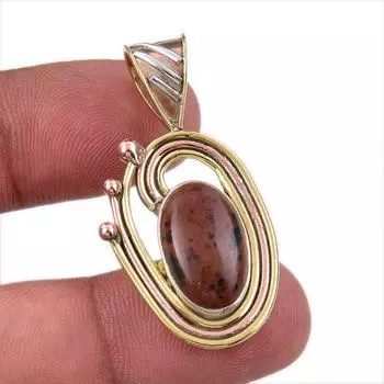 Natural Mahogany Obsidian 925 Sterling Silver Jewelry TwoTone Pendant 1.75 W4F00